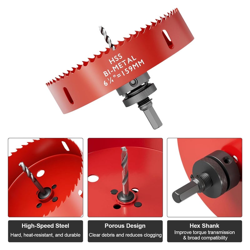 FIVELAKE 6.25" (159mm) Bi-Metal M42 High Speed Steel Hole Saw with Pilot Drill Bit, Smooth Cutting Edge for PVC, Drywall, Wood, Plastic, Gypsum Board, Rubber, Thin Metal - Image 2